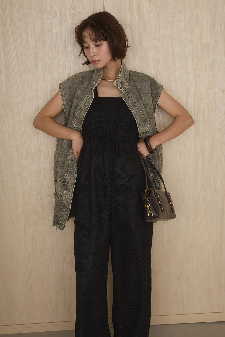 [SET]ケミカルデニムヘムカットオフジレ+レースサロペット(2set)