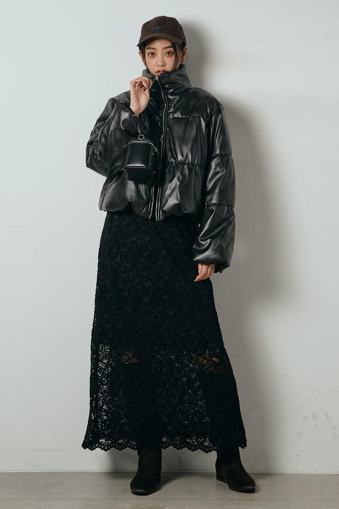 [SET]レザーライクWジップスタンドカラー中綿ブルゾン+総レース刺繍スカート(2set)