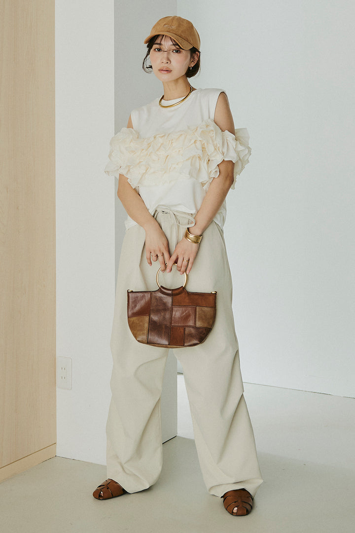 [SET]天竺ナイロンドッキングビスチェ風トップス+ニーサイドタックウエストドロスパンツ(2set)