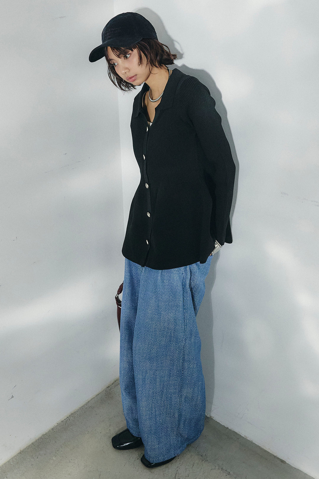 [SET]スキッパーペプラムニット+デニムライクヘリンボーンタックパンツ(2set)