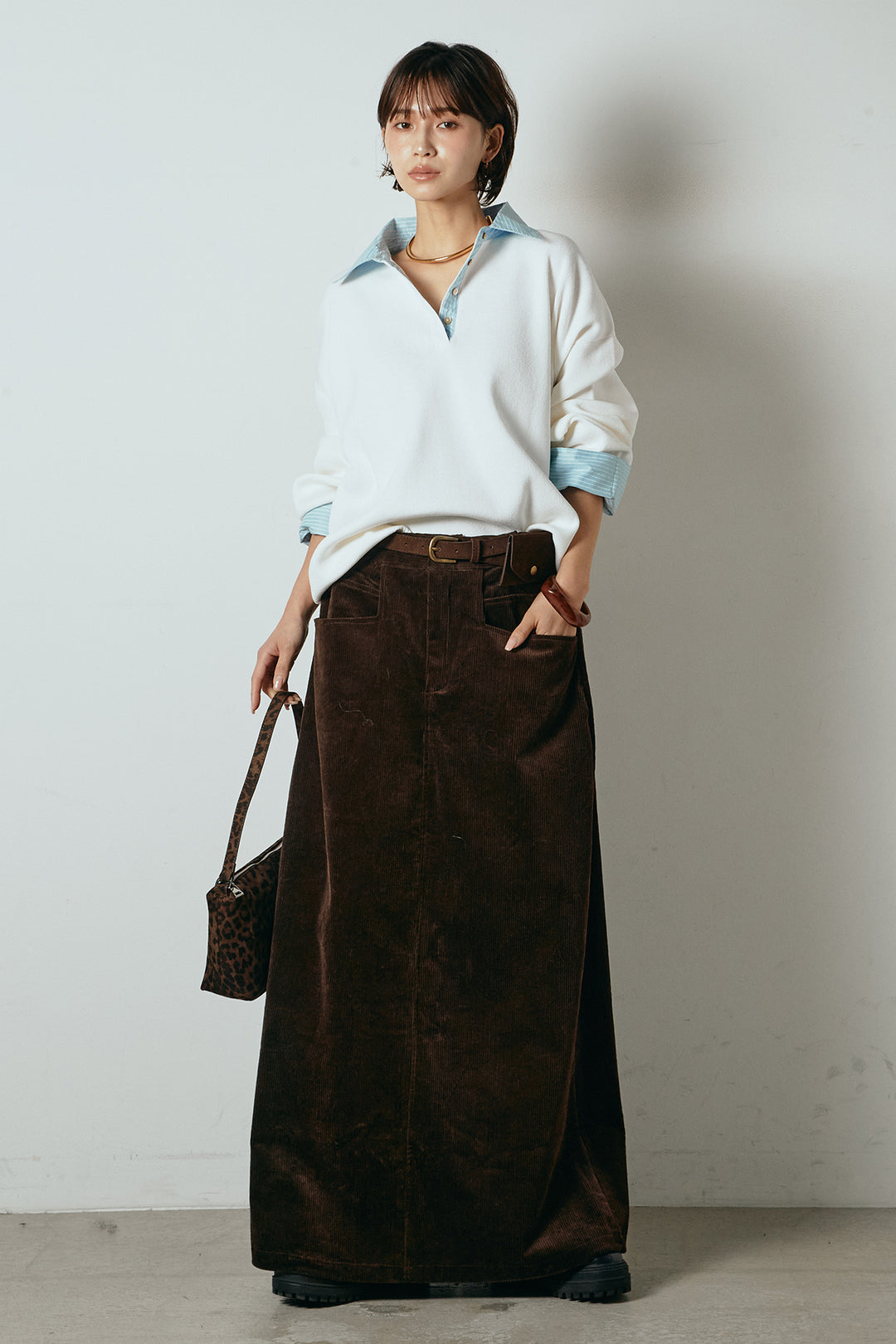 [SET]ストライプシャツドッキングポロトップス+ポーチベルト付きコーデュロイワイドスカート(2set)