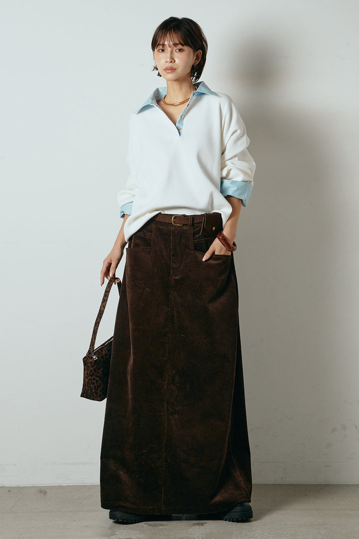 [SET]ストライプシャツドッキングポロトップス+ポーチベルト付きコーデュロイワイドスカート(2set)