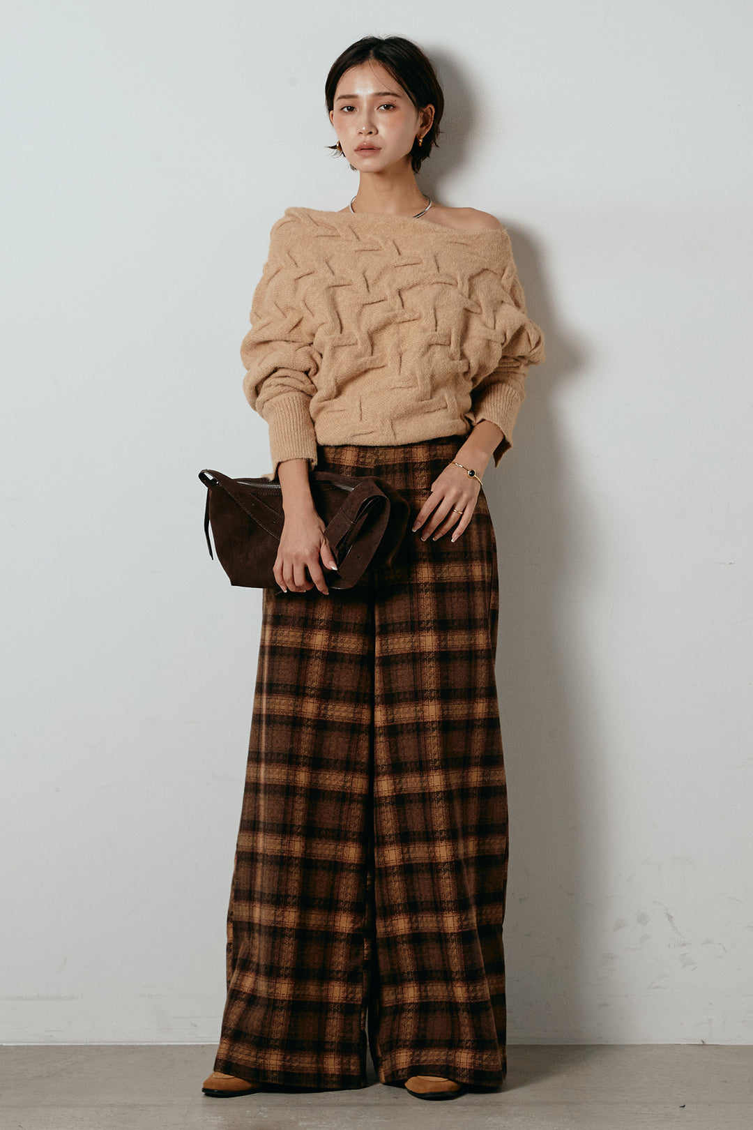 [SET]ボートネックニットトップス+ルーズタータンチェックワイドパンツ(2set)