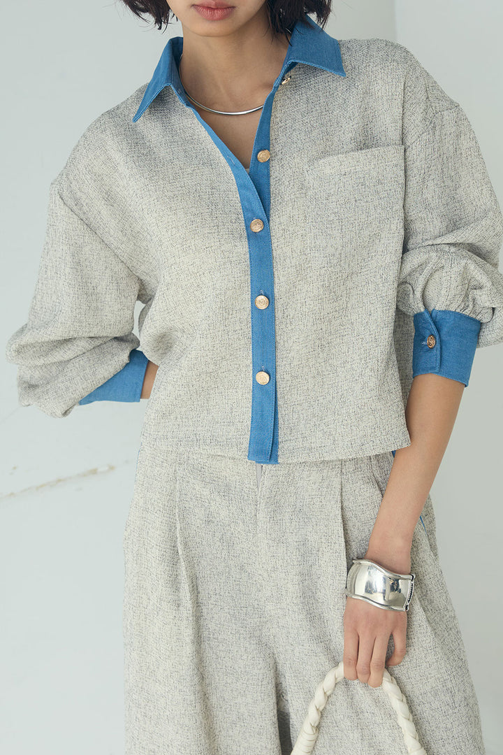 [SET]ツイード×デニムショート丈シャツ+ツイード×デニムハイウエストラインロングパンツ(2set)
