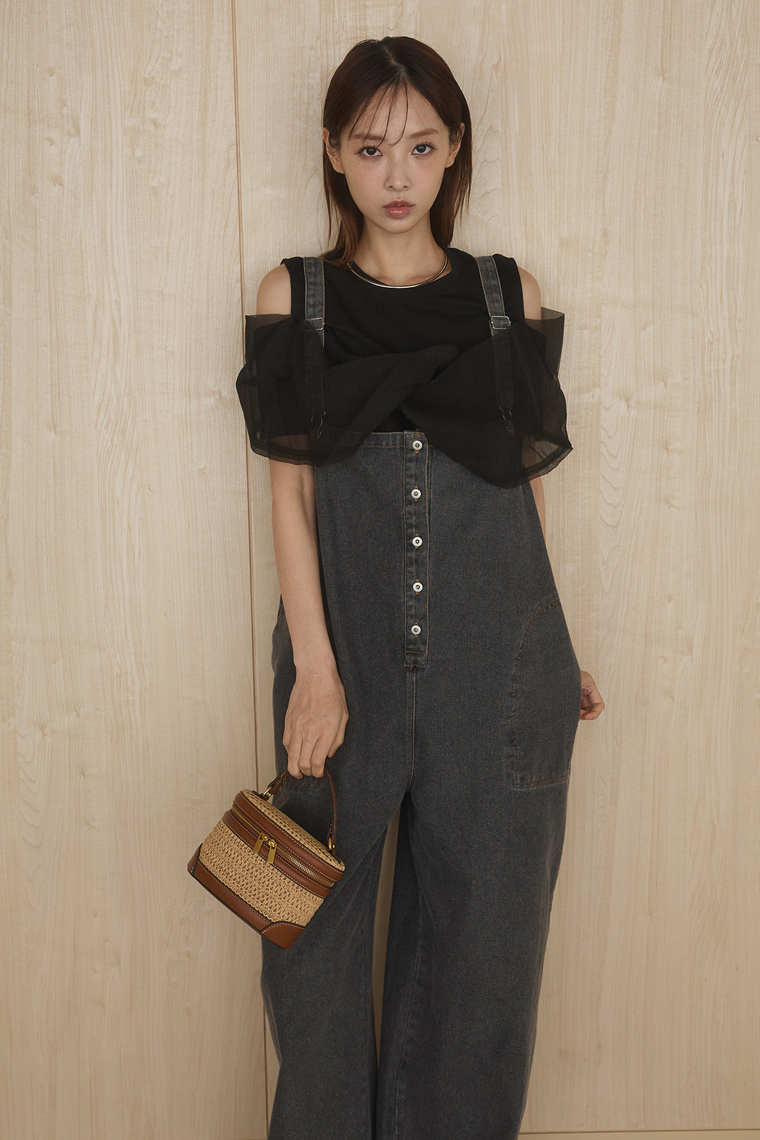 [SET]シアーレイヤーデザインカットソー+フロントボタンデニムサロペット(2set)