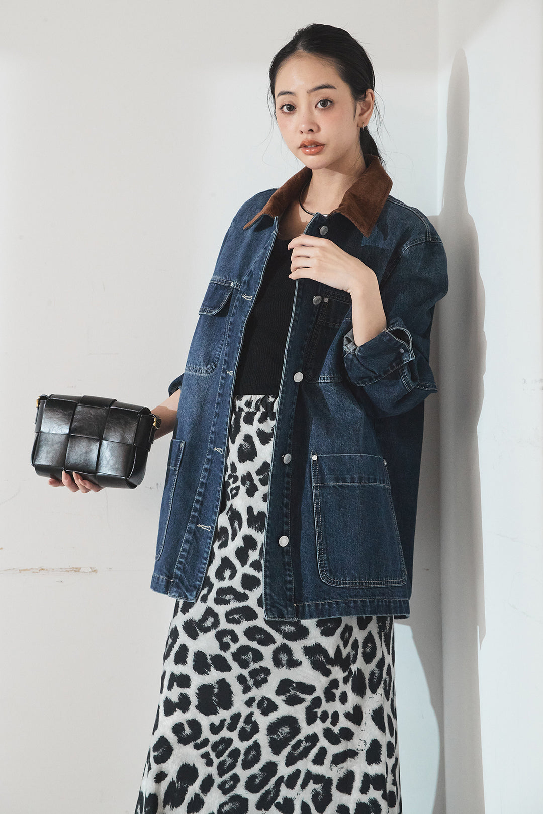 [SET]襟コーデュロイデニムカバーオール+レオパードサテンナロースカート(2set)