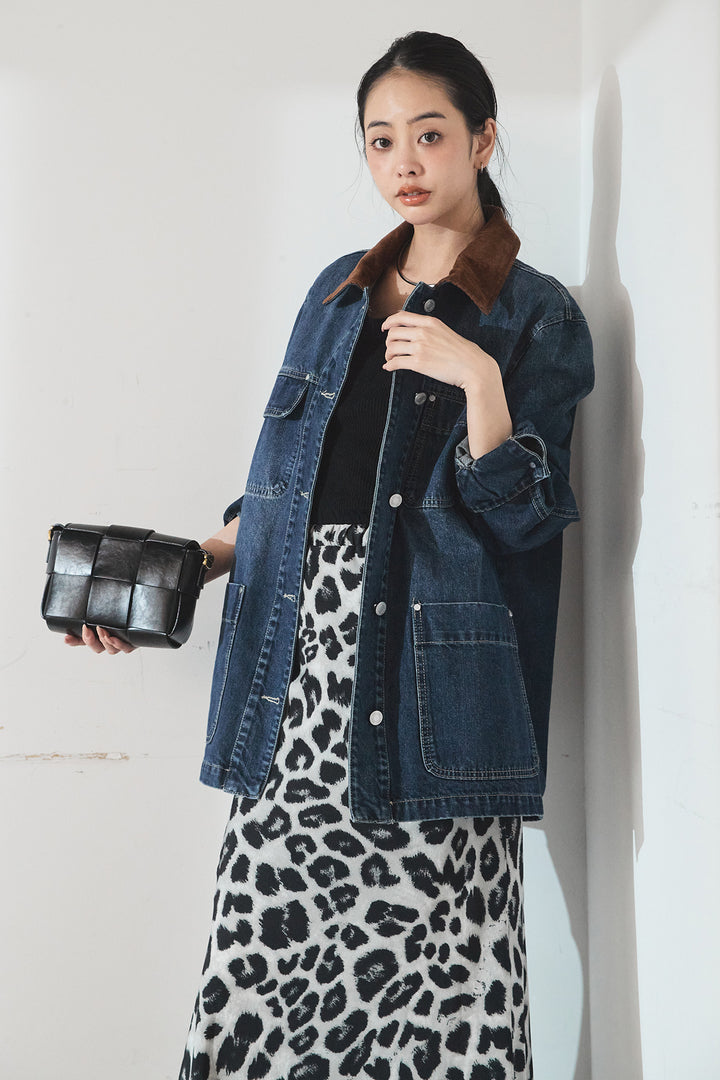 [SET]襟コーデュロイデニムカバーオール+レオパードサテンナロースカート(2set)