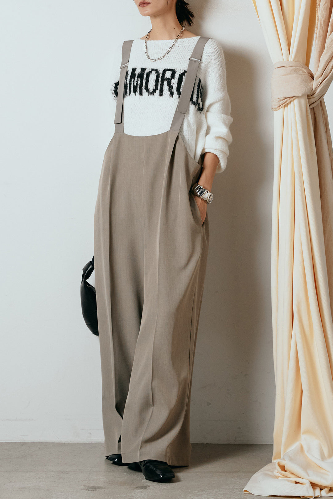 [SET]フロントロゴデザインニットトップス+ワイドツイルサロペット(2set)