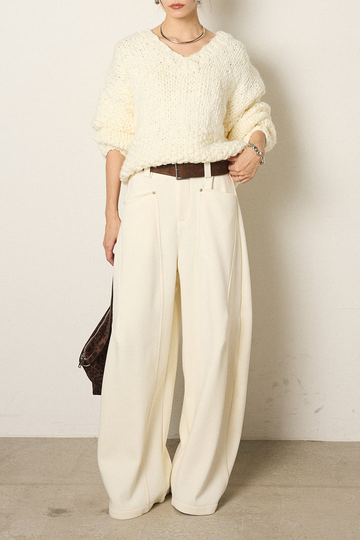 [SET]Vネックハンド編みニットトップス+太ベルト付きスウェットワイドカーブパンツ(2set)
