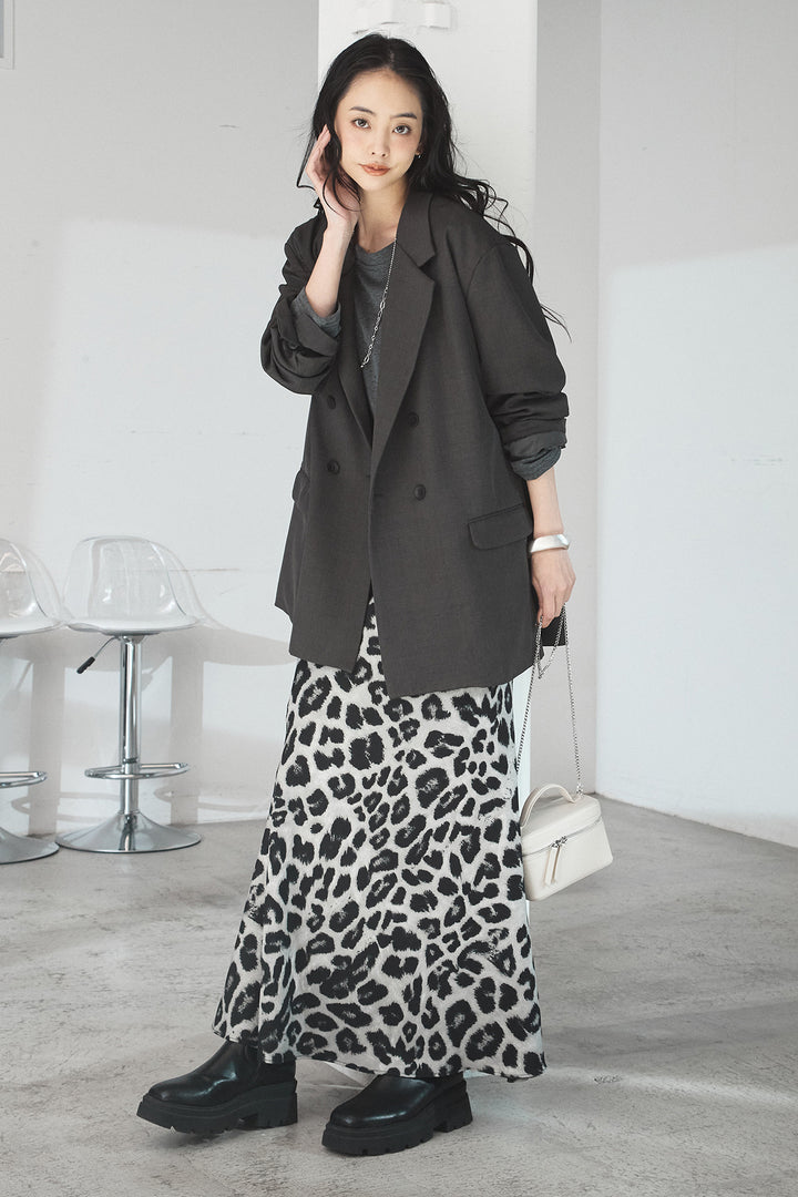 [SET]ルーズシルエットダブルテーラードジャケット+レオパードサテンナロースカート(2set)