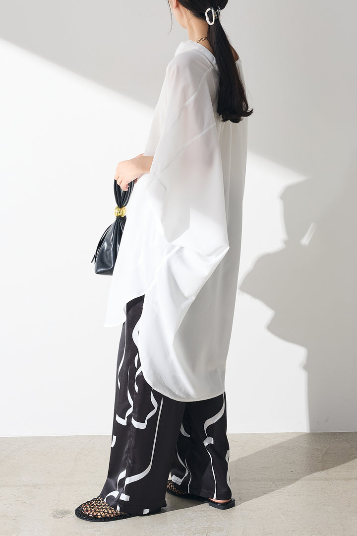 [SET]ポンチョシャツワンピース+幾何学柄サテンワイドパンツ(2set)
