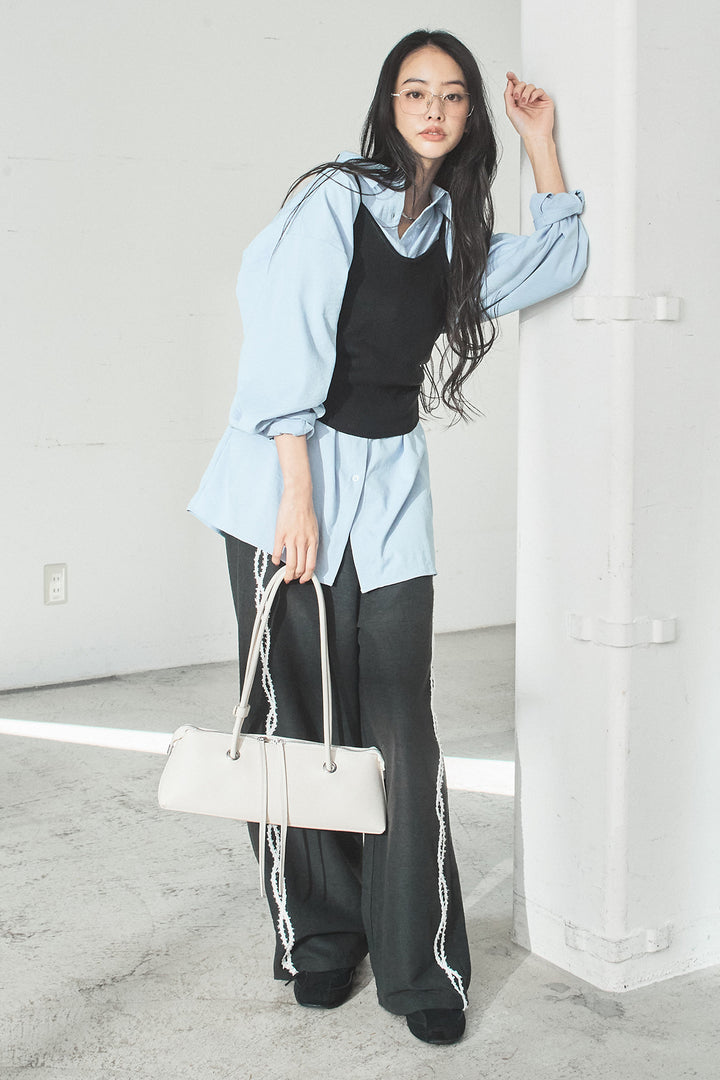 [SET]ニットキャミ付きシャツ+刺繡テープラインパンツ(2set)