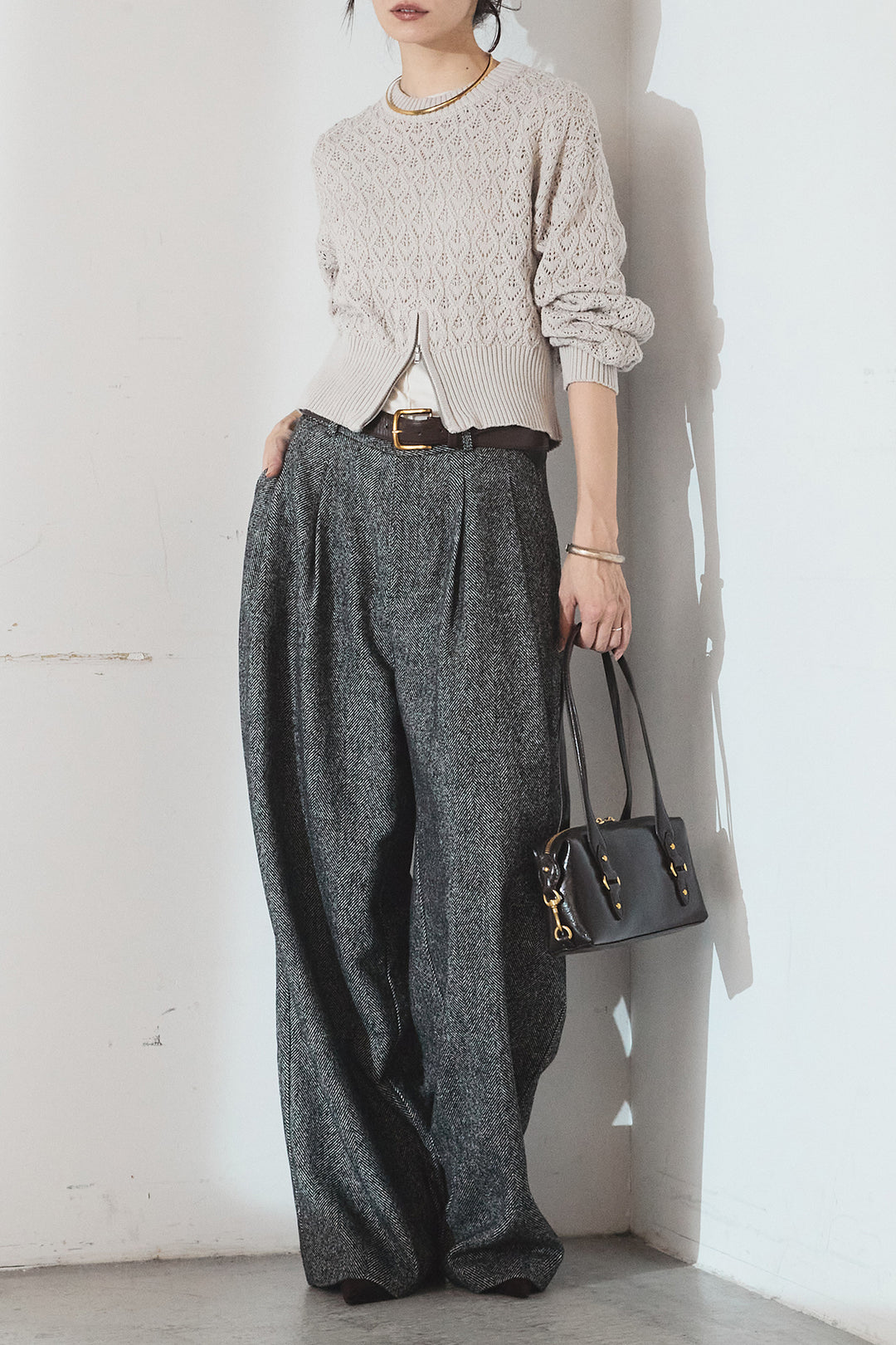 [SET]透かし編みニットジップスリットプルオーバー+タックツイードワイドパンツ(2set)