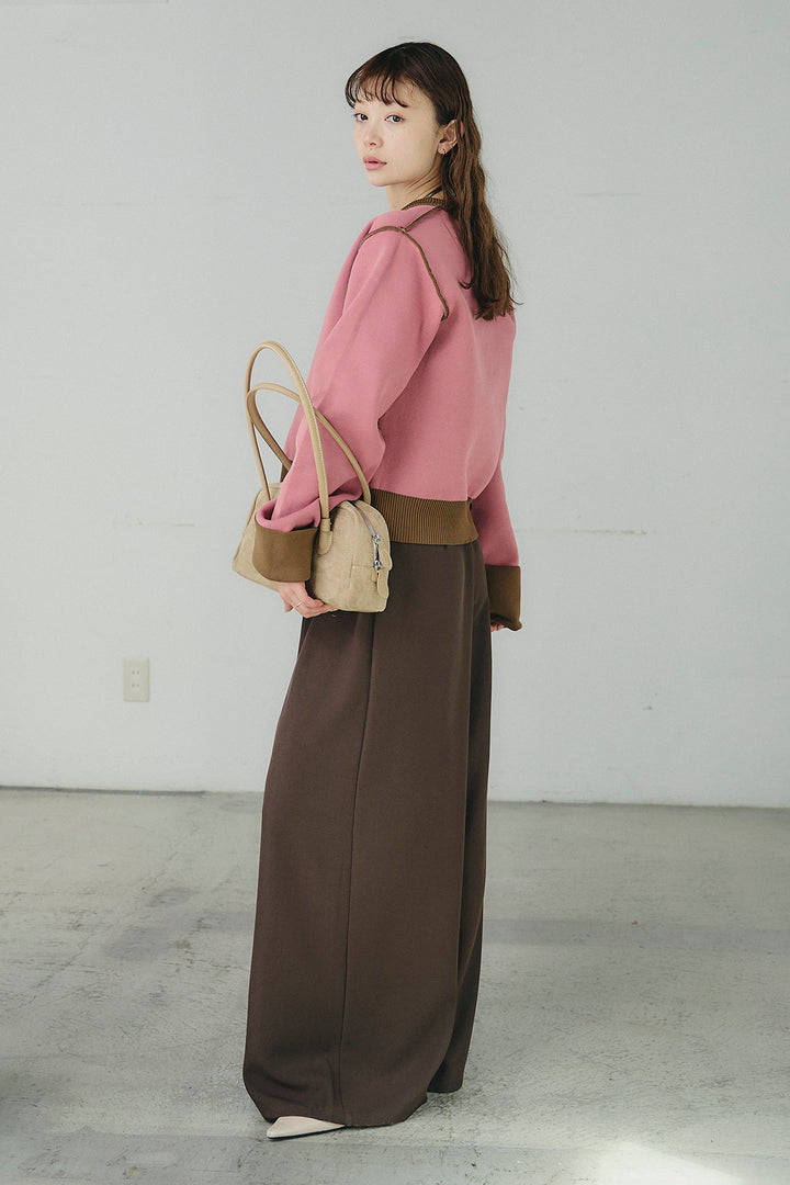 [SET]リバーシブル配色ニットカーディガン+ベルト付きツータックワイドパンツ(2set)