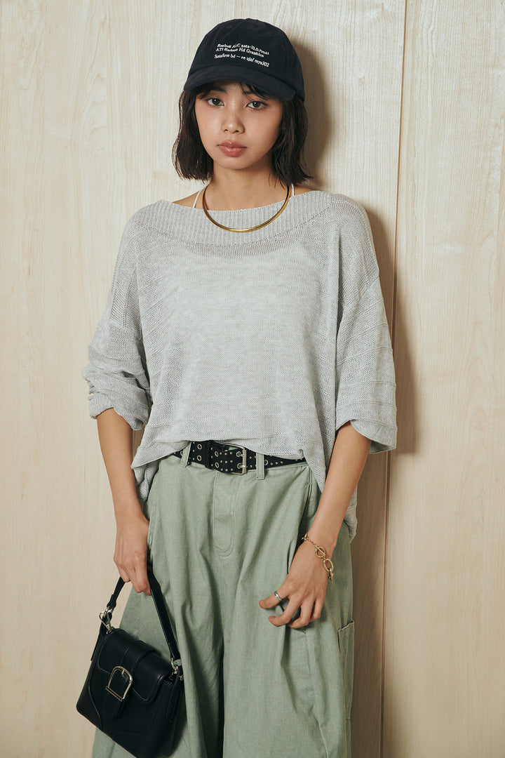 [SET]麻混リラックスニットトップス+ベルト付きカラーデニムパンツ(2set)