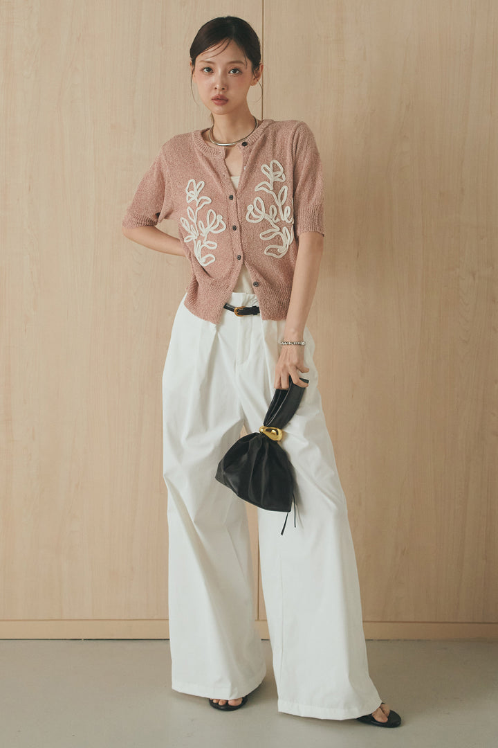 [SET]フロントテープデザイン半袖カーディガン+ベルトループデザインハイウエストタックパンツ(2set)