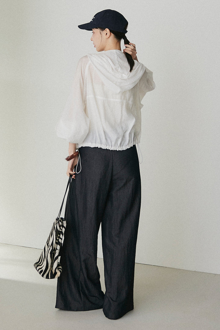 [SET]裾ドロストシアーWジップフーディーブルゾン+ウエスト折り返しワイドパンツ(2set)