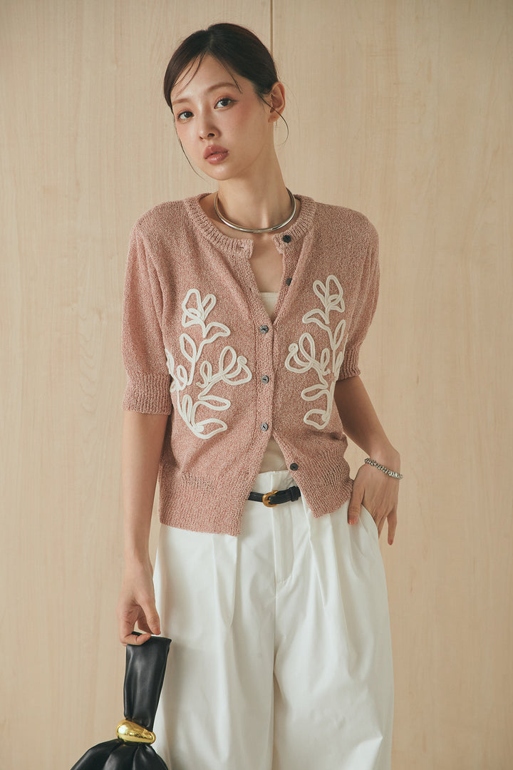 [SET]フロントテープデザイン半袖カーディガン+ベルトループデザインハイウエストタックパンツ(2set)