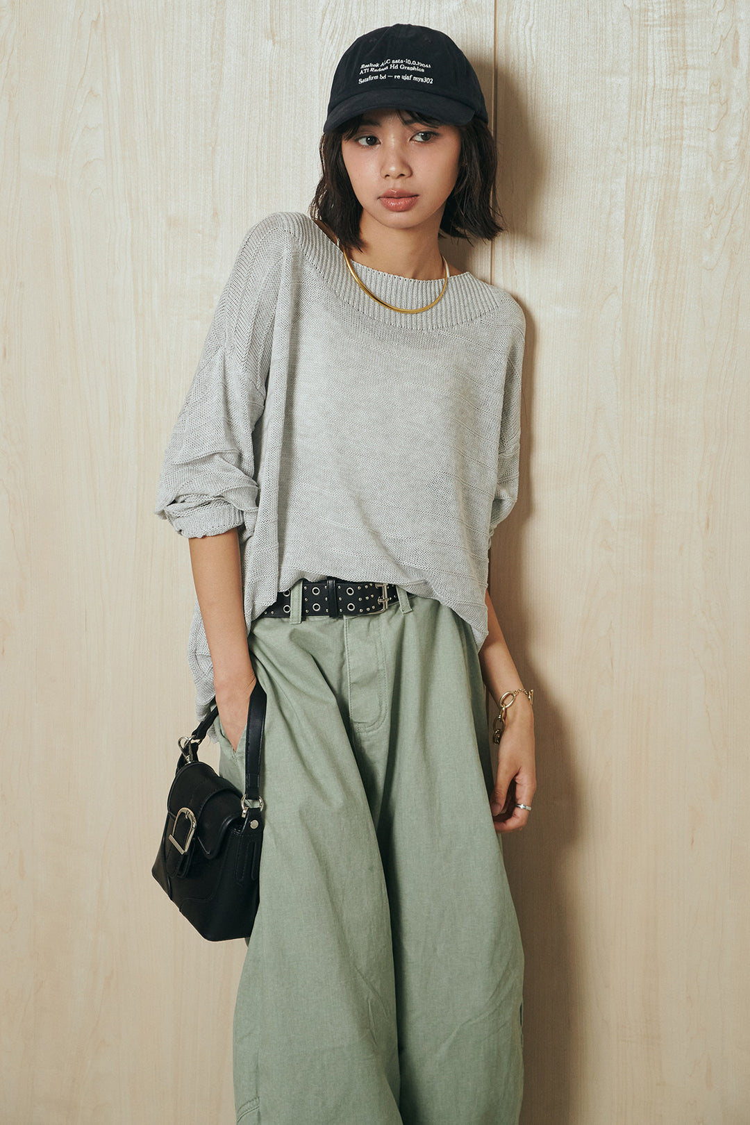 [SET]麻混リラックスニットトップス+ベルト付きカラーデニムパンツ(2set)