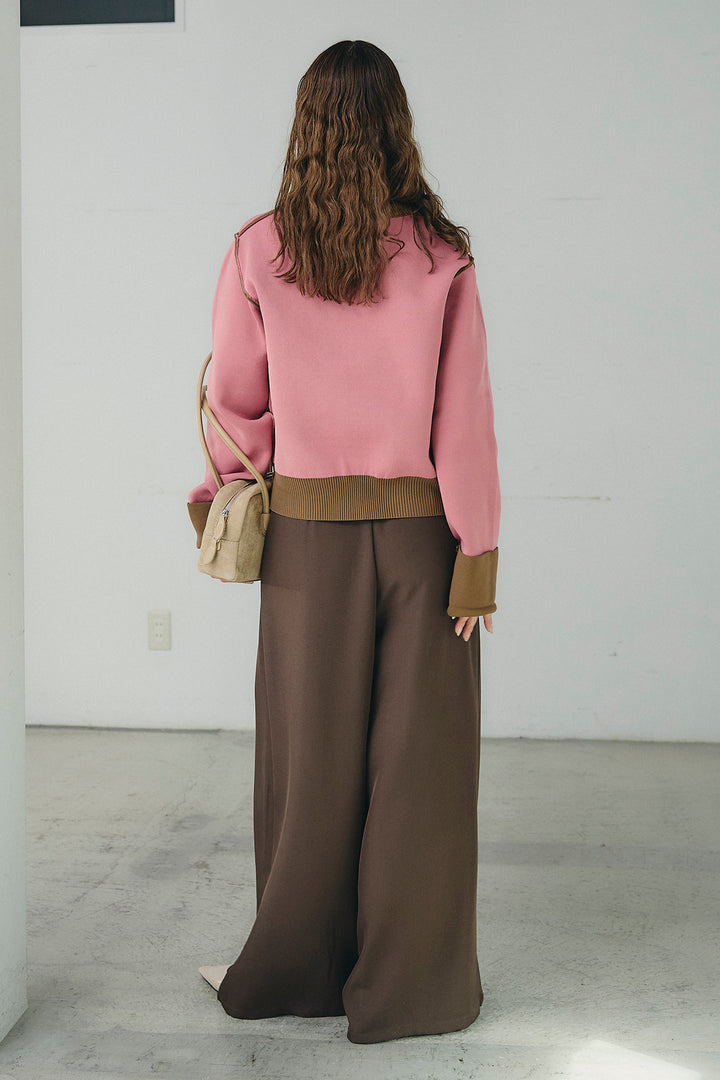 [SET]リバーシブル配色ニットカーディガン+ベルト付きツータックワイドパンツ(2set)