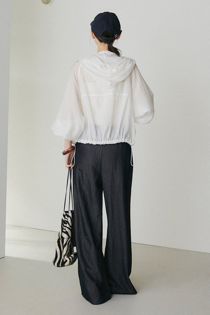 [SET]裾ドロストシアーWジップフーディーブルゾン+ウエスト折り返しワイドパンツ(2set)