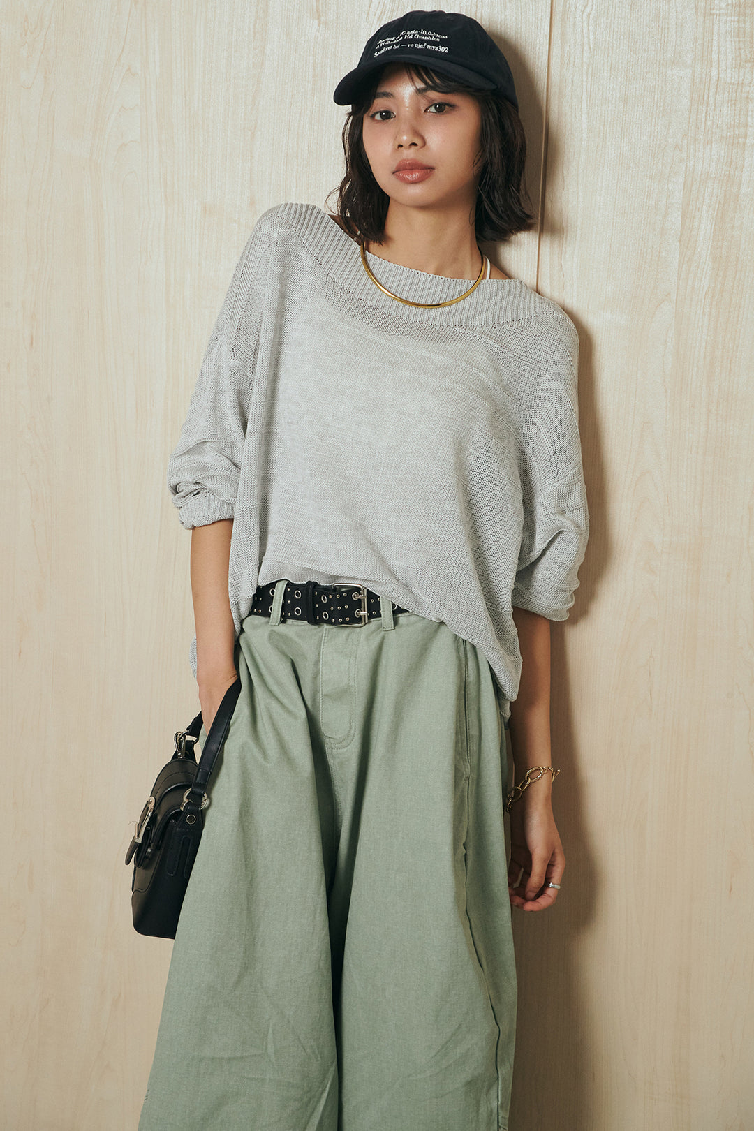 [SET]麻混リラックスニットトップス+ベルト付きカラーデニムパンツ(2set)