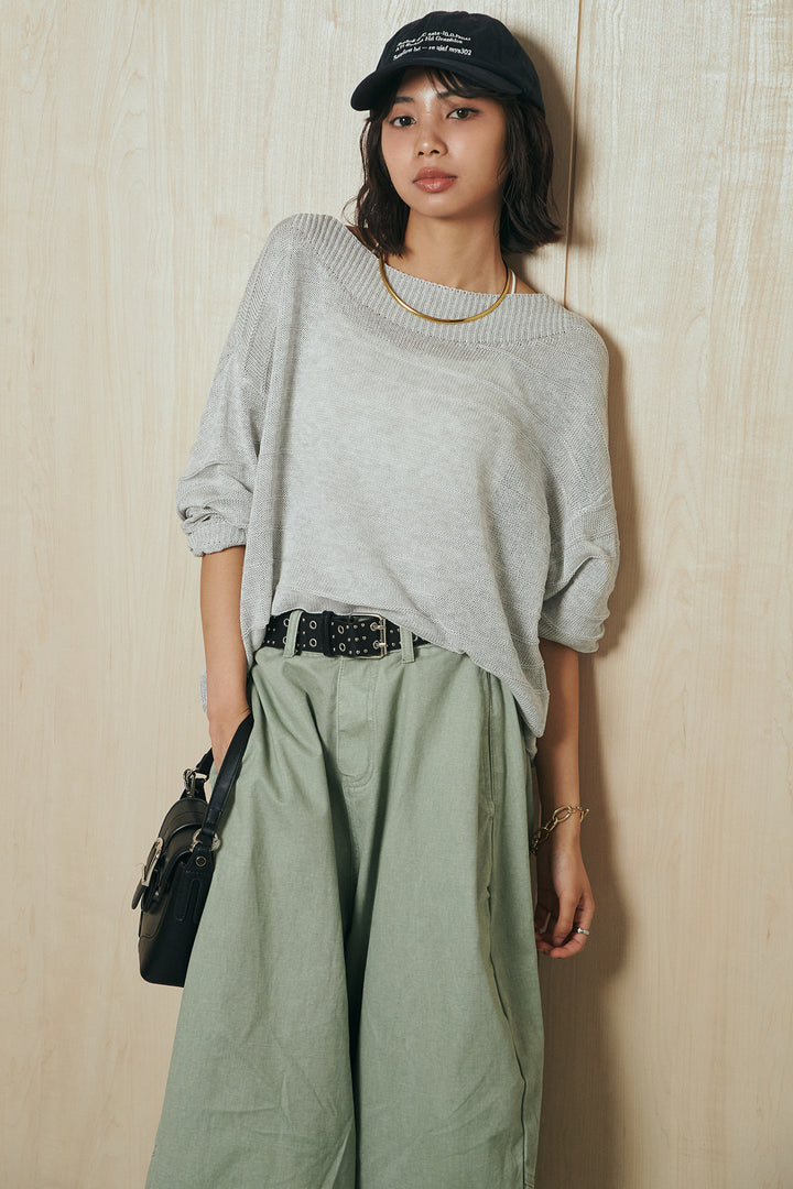 [SET]麻混リラックスニットトップス+ベルト付きカラーデニムパンツ(2set)