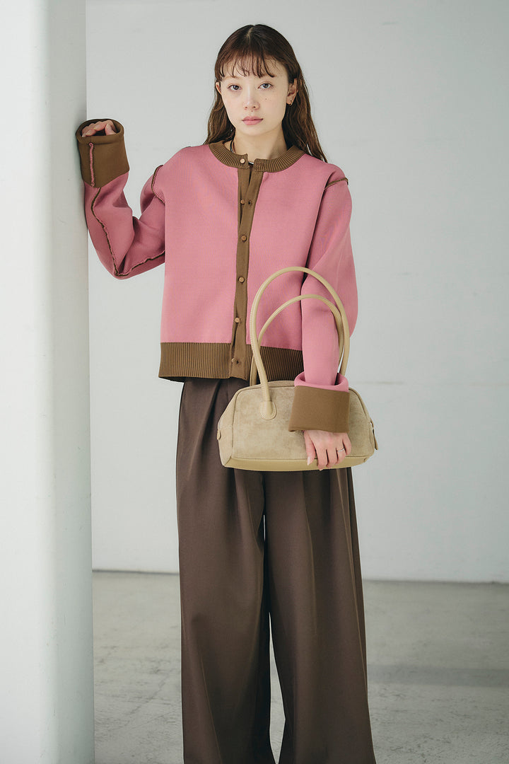 [SET]リバーシブル配色ニットカーディガン+ベルト付きツータックワイドパンツ(2set)