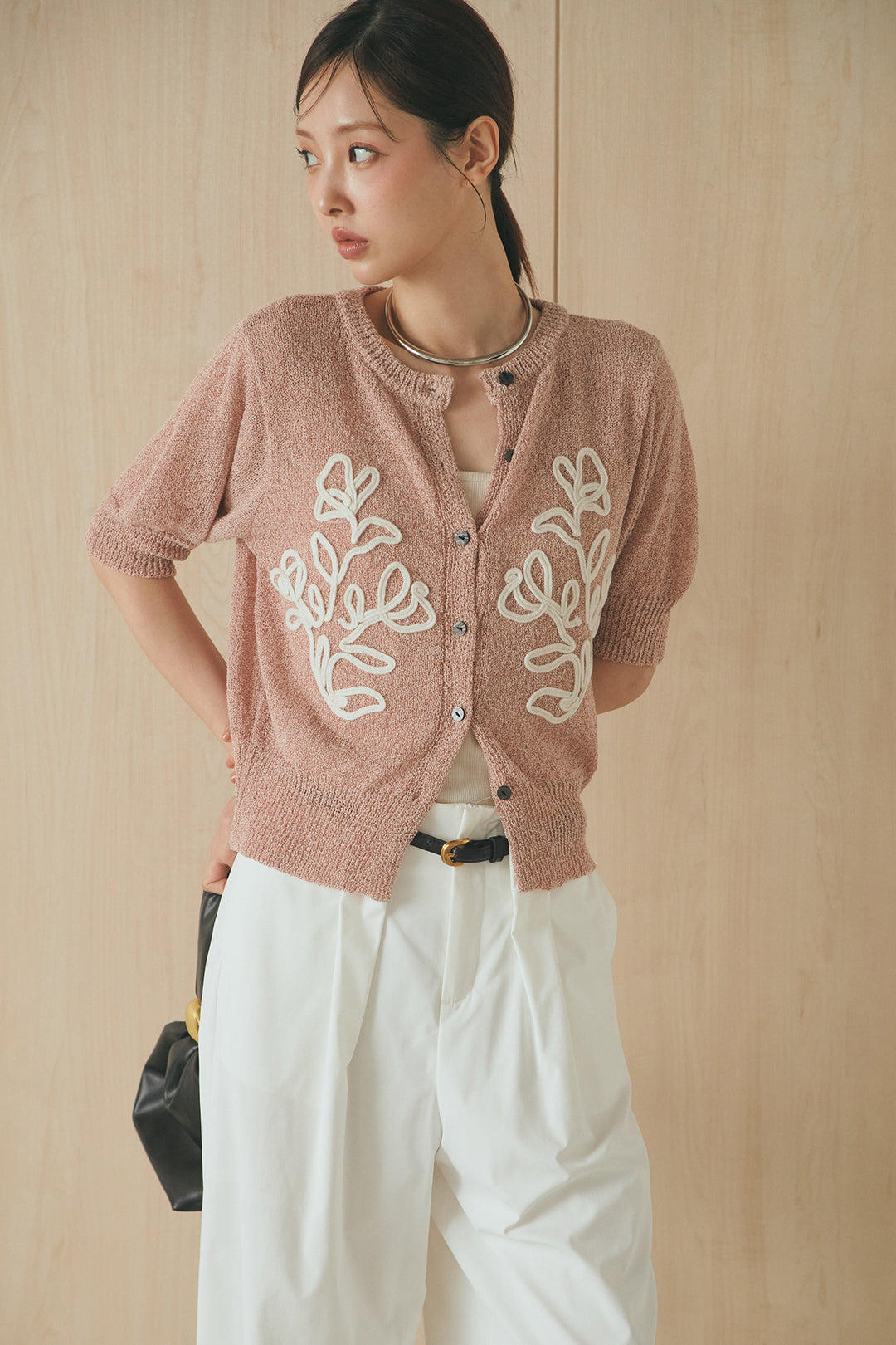 [SET]フロントテープデザイン半袖カーディガン+ベルトループデザインハイウエストタックパンツ(2set)