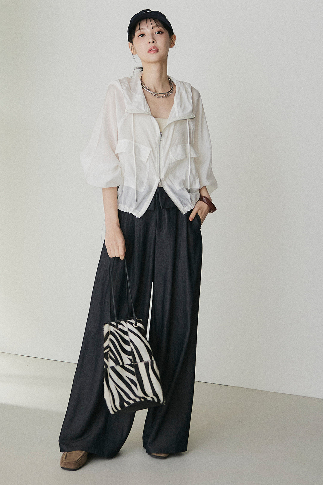 [SET]裾ドロストシアーWジップフーディーブルゾン+ウエスト折り返しワイドパンツ(2set)