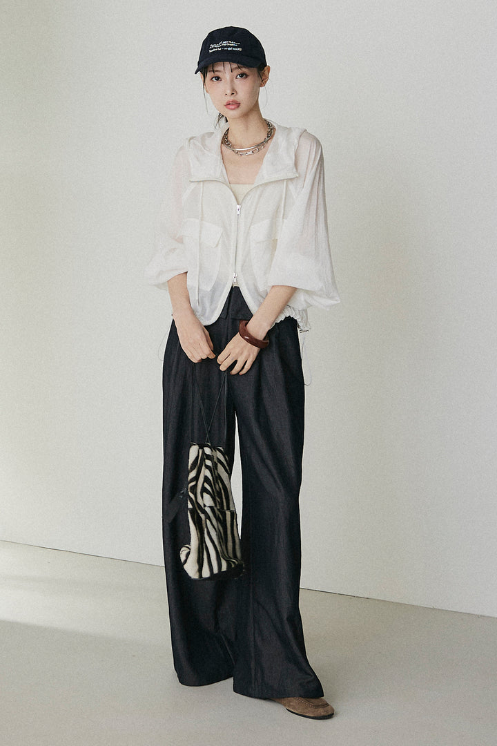 [SET]裾ドロストシアーWジップフーディーブルゾン+ウエスト折り返しワイドパンツ(2set)