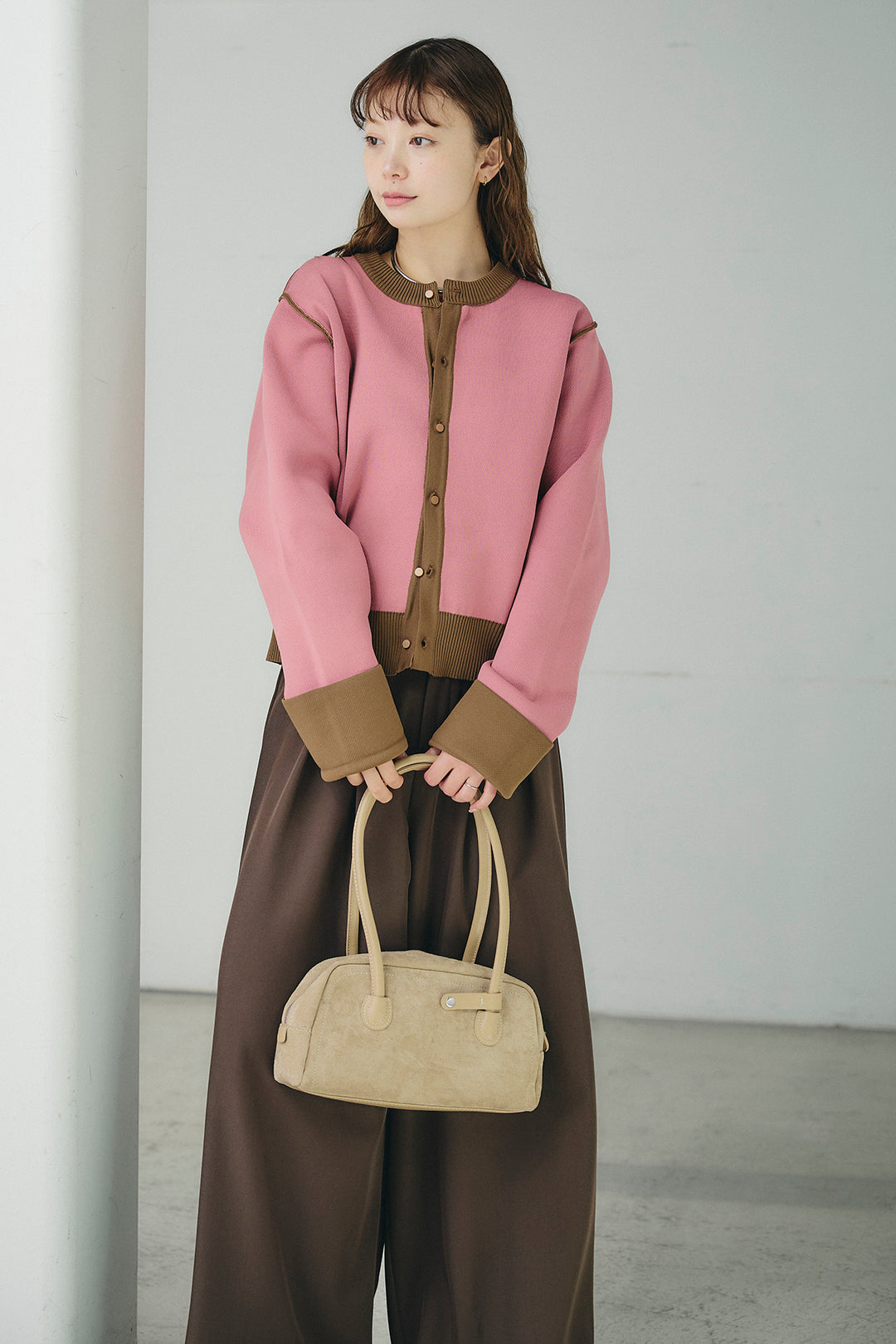 [SET]リバーシブル配色ニットカーディガン+ベルト付きツータックワイドパンツ(2set)