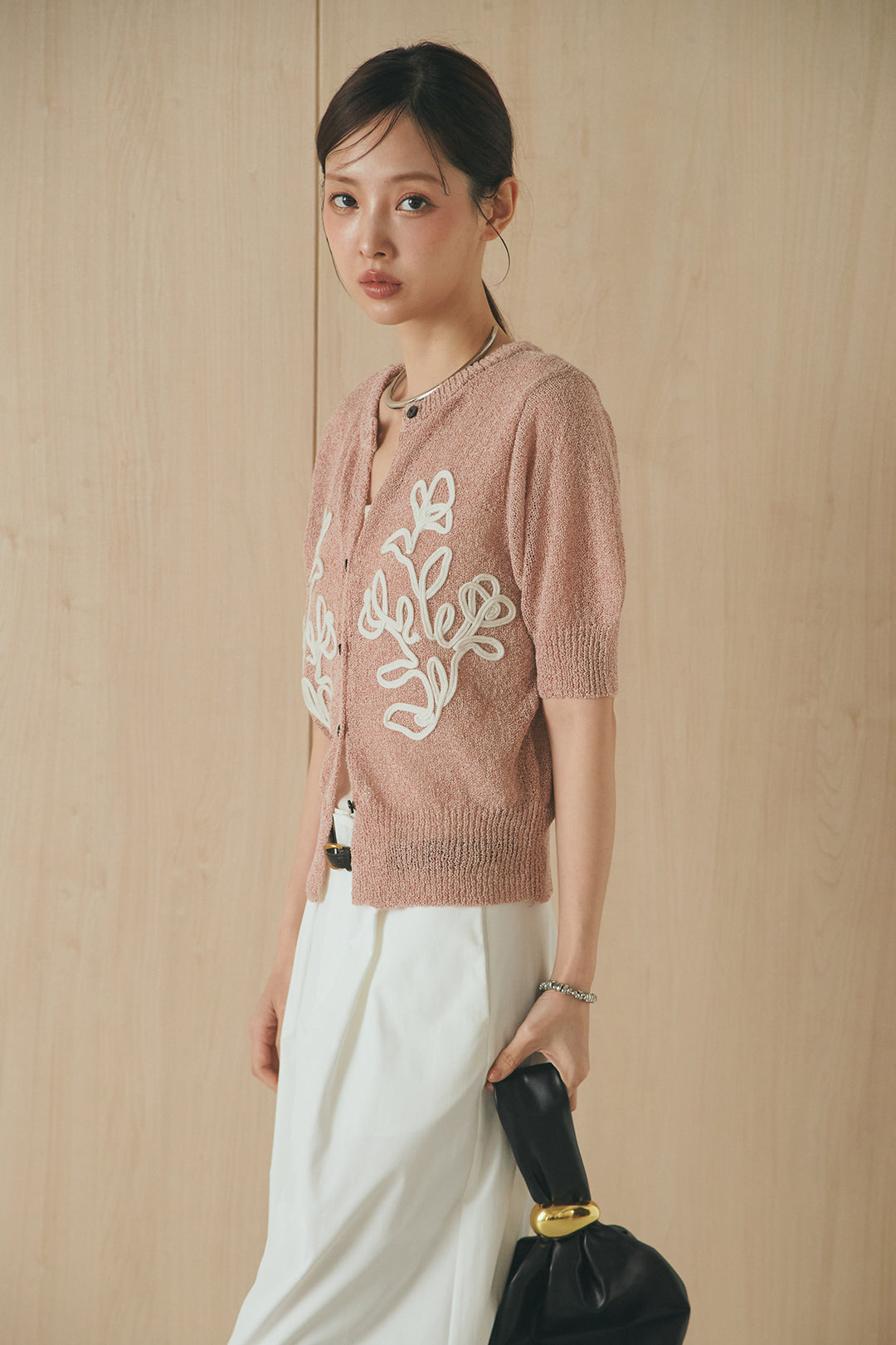 [SET]フロントテープデザイン半袖カーディガン+ベルトループデザインハイウエストタックパンツ(2set)