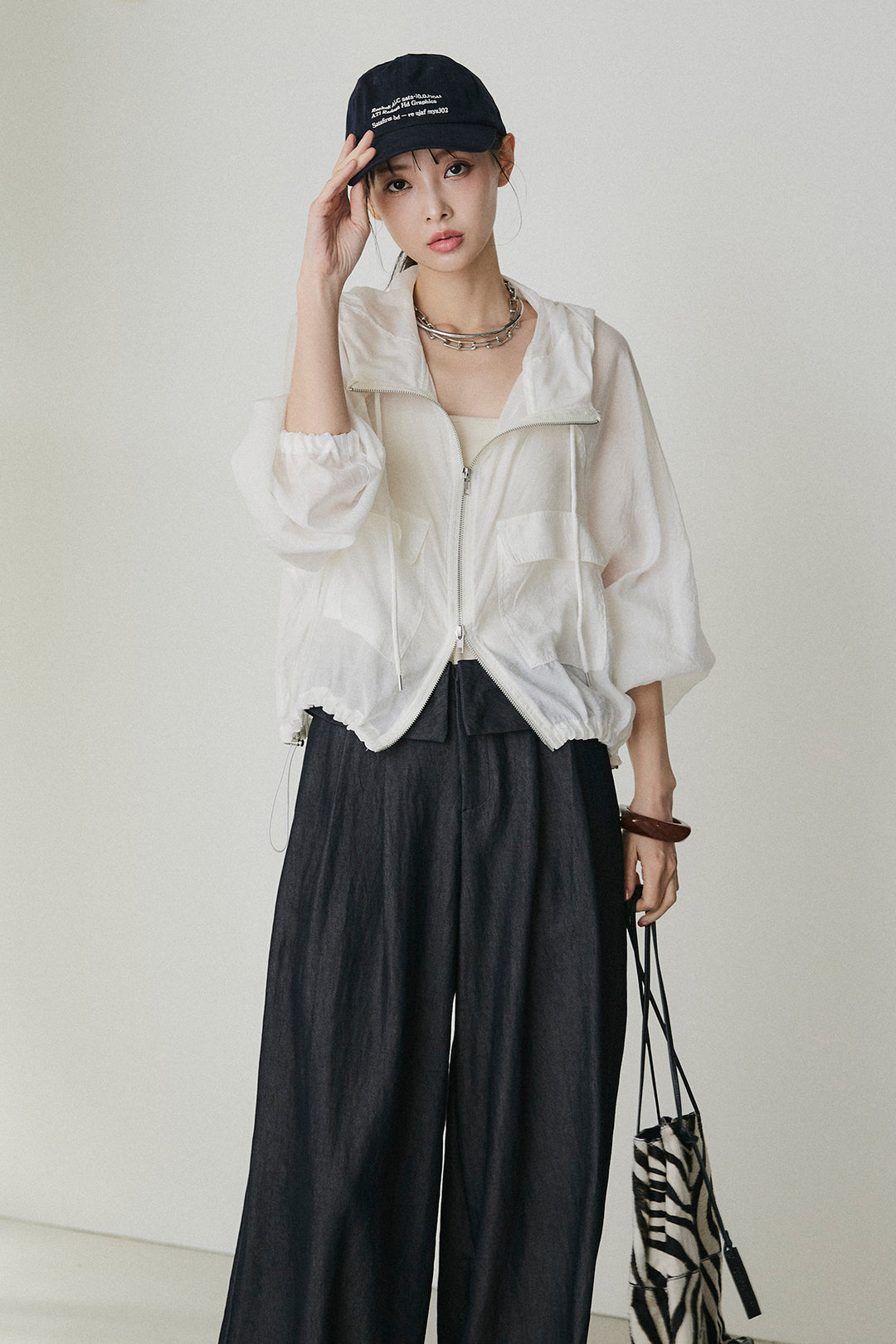 [SET]裾ドロストシアーWジップフーディーブルゾン+ウエスト折り返しワイドパンツ(2set)