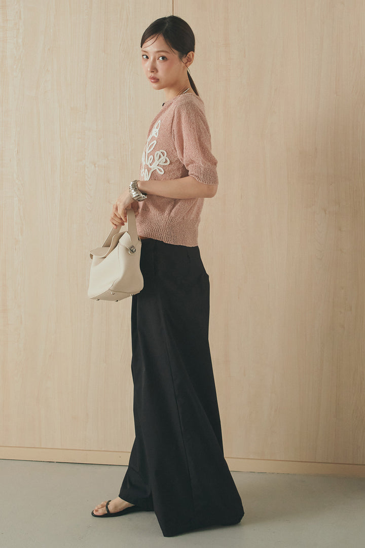 [SET]フロントテープデザイン半袖カーディガン+ベルトループデザインハイウエストタックパンツ(2set)