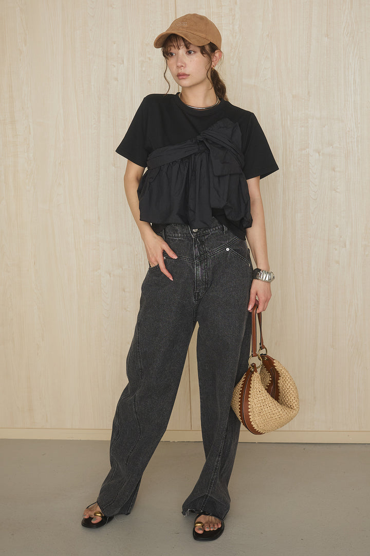 [SET]天竺ナイロンドッキングツイストT+カラーデニムヨークパンツ(2set)