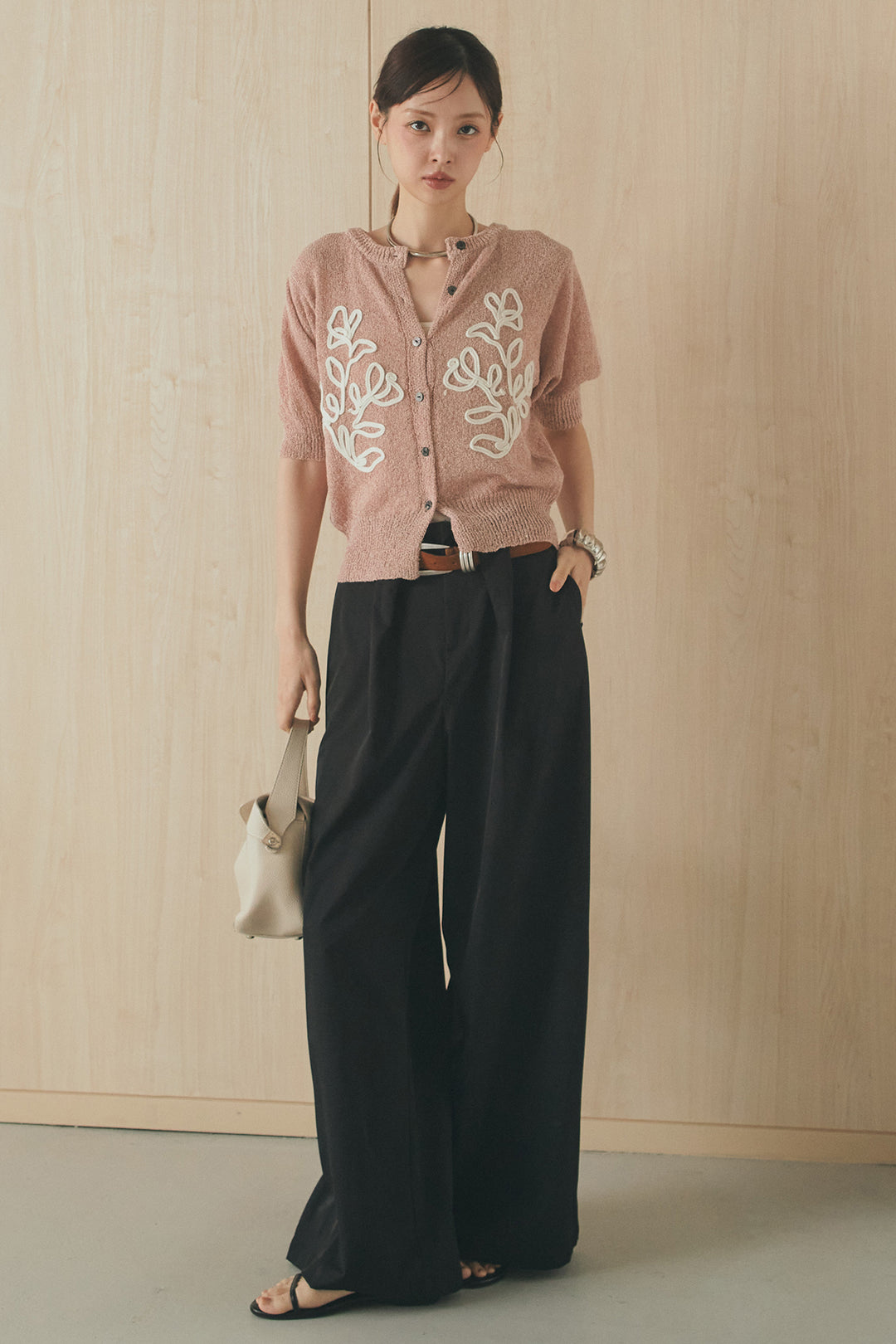 [SET]フロントテープデザイン半袖カーディガン+ベルトループデザインハイウエストタックパンツ(2set)