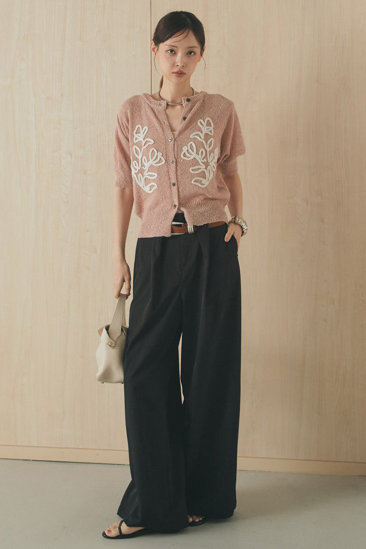 [SET]フロントテープデザイン半袖カーディガン+ベルトループデザインハイウエストタックパンツ(2set)