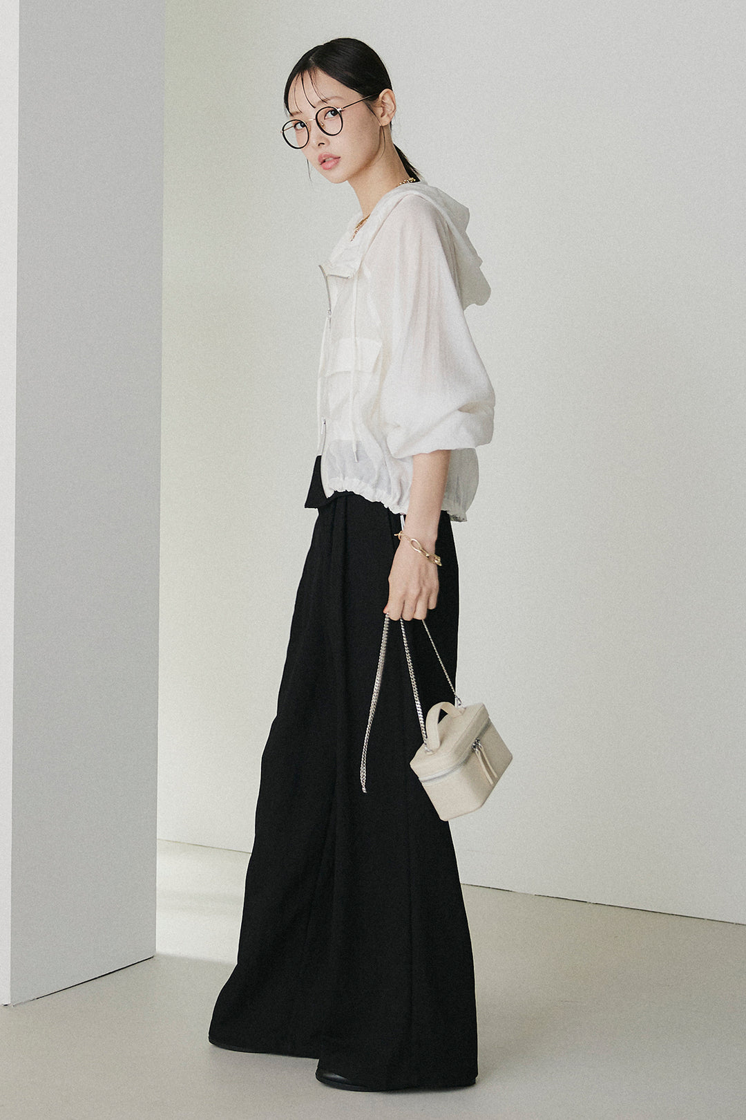 [SET]裾ドロストシアーWジップフーディーブルゾン+ウエスト折り返しワイドパンツ(2set)