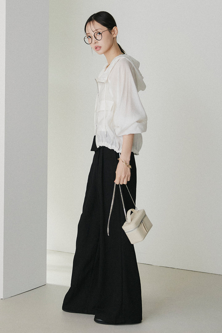 [SET]裾ドロストシアーWジップフーディーブルゾン+ウエスト折り返しワイドパンツ(2set)