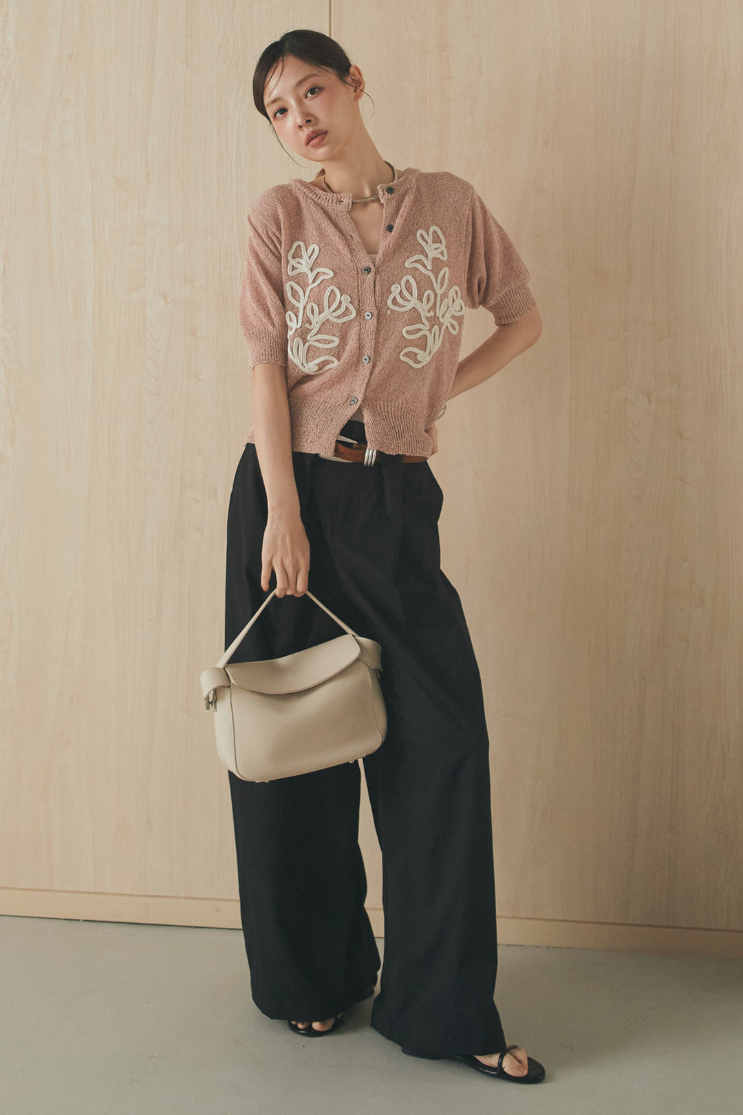 [SET]フロントテープデザイン半袖カーディガン+ベルトループデザインハイウエストタックパンツ(2set)