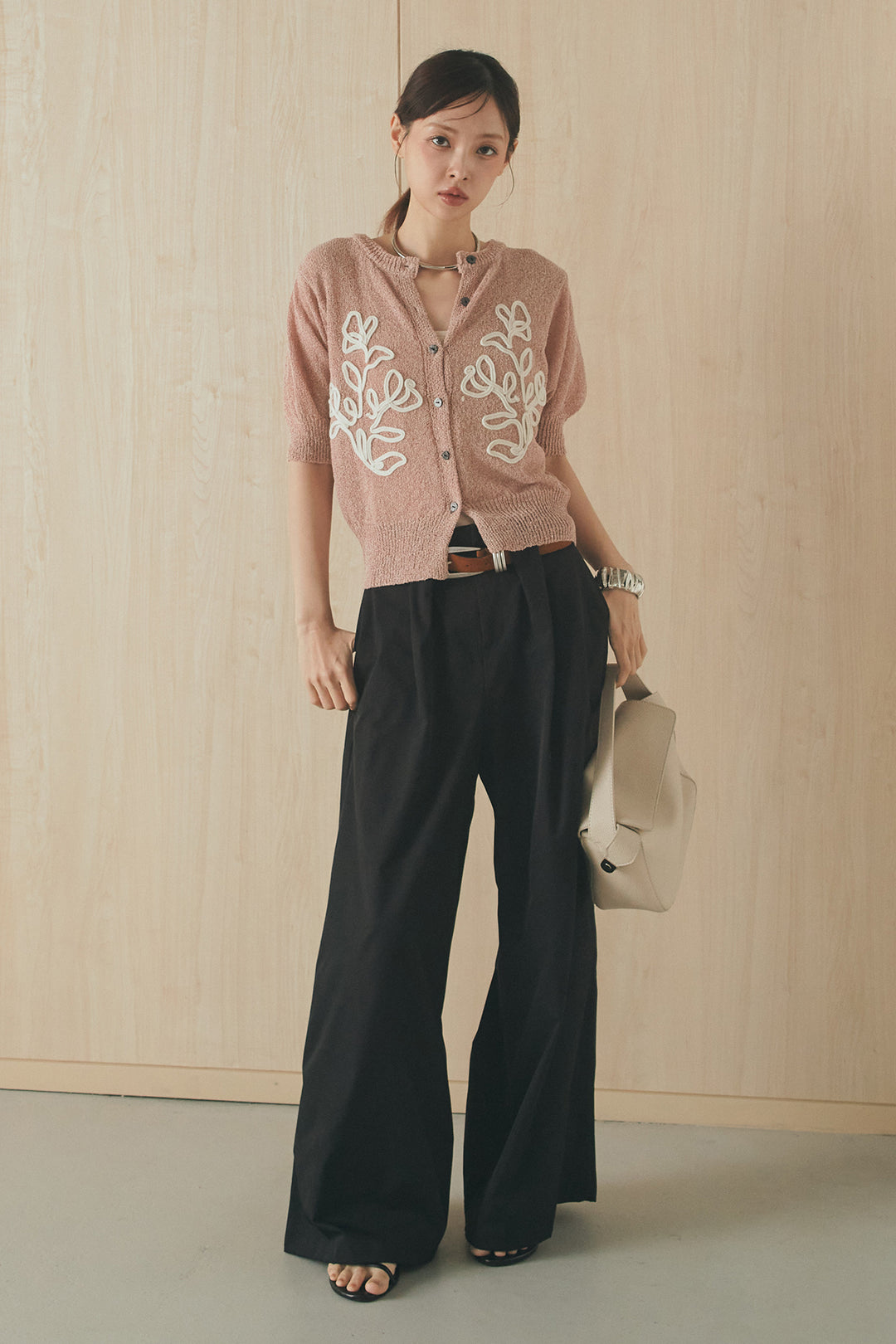 [SET]フロントテープデザイン半袖カーディガン+ベルトループデザインハイウエストタックパンツ(2set)