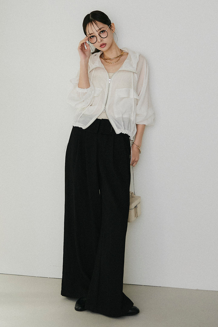 [SET]裾ドロストシアーWジップフーディーブルゾン+ウエスト折り返しワイドパンツ(2set)