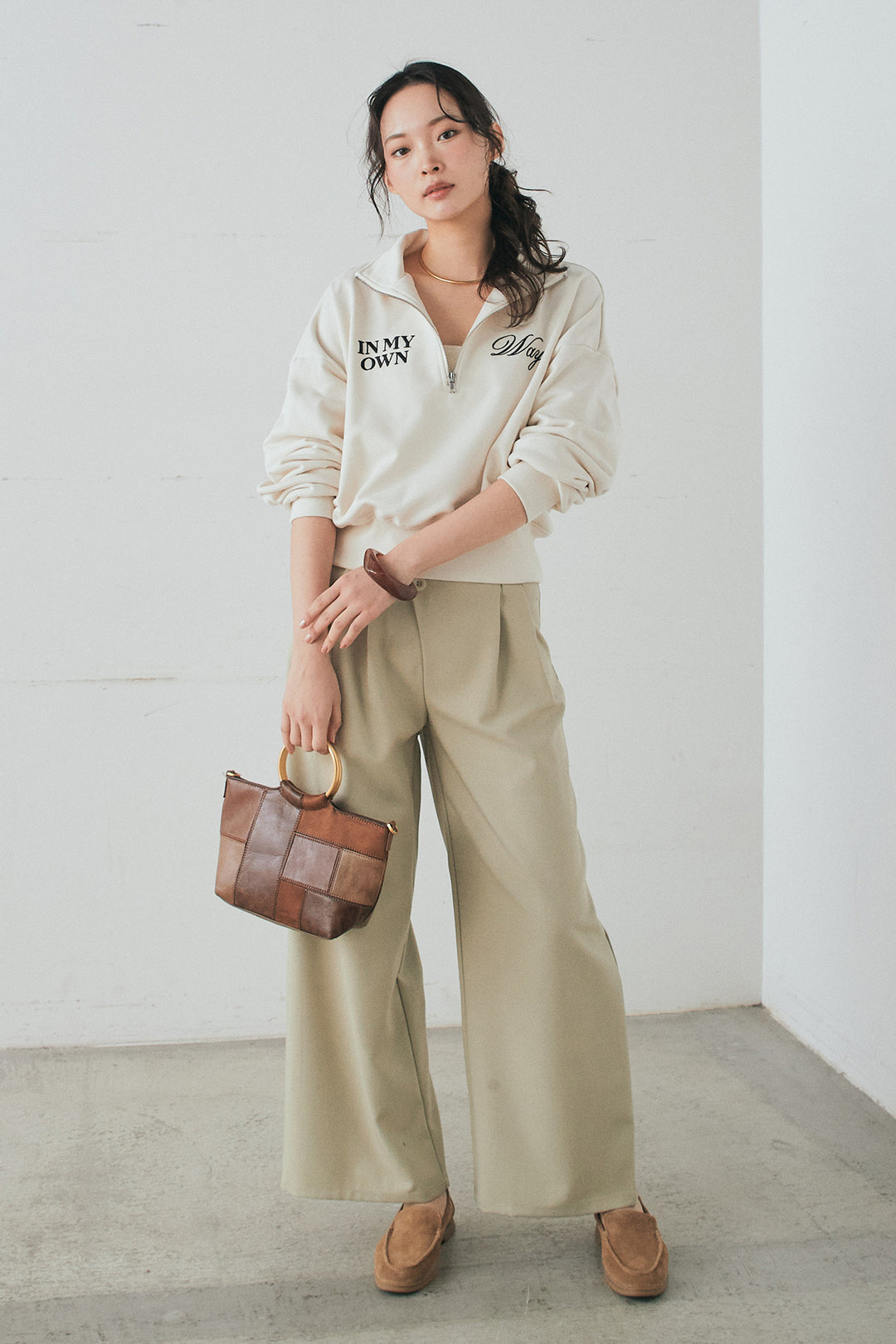 [SET]裏毛ロゴ刺繍ハーフZIPスウェット+斜めボタンタック入りスラックス(2set)