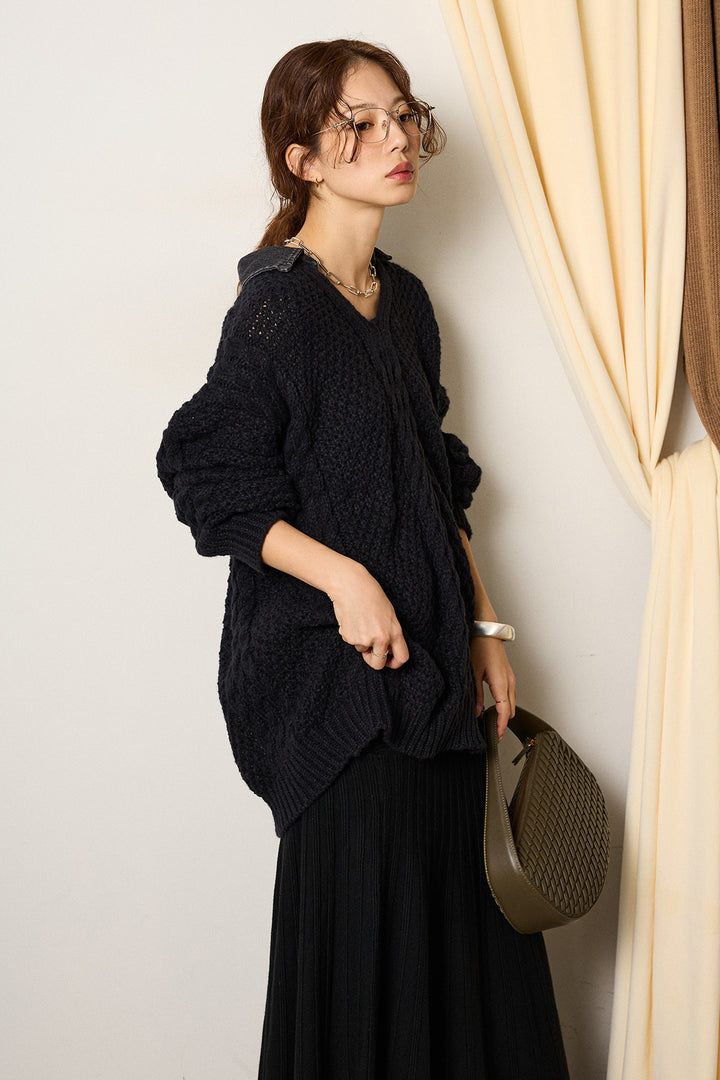 [SET]デニムカラーケーブルオーバーニット+編み地切り替えフレアニットスカート(2set)