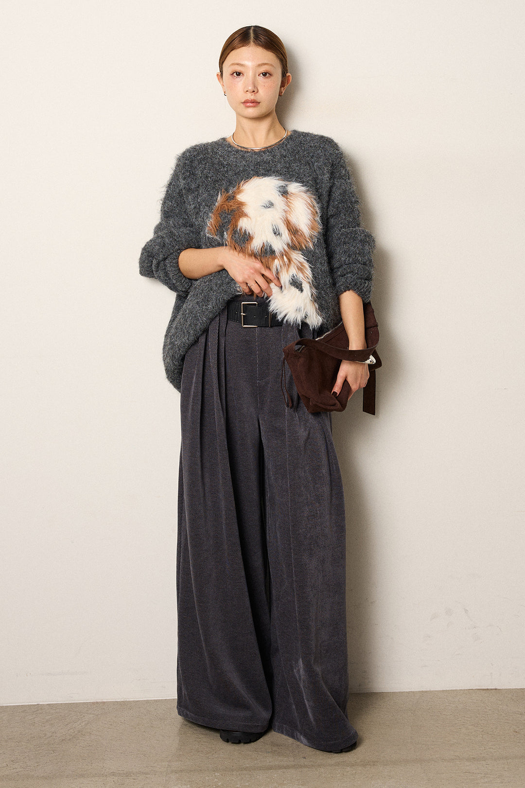 [SET]シャギーニュアンスアニマルニット+ベルトループコーデュロイワイドパンツ(2set)