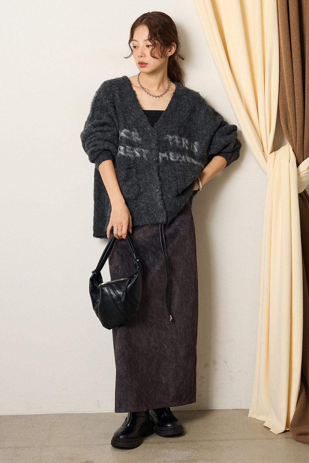 [SET]ウール混透かしロゴニットカーディガン+ロープベルト付きスウェード調スカート(2set)