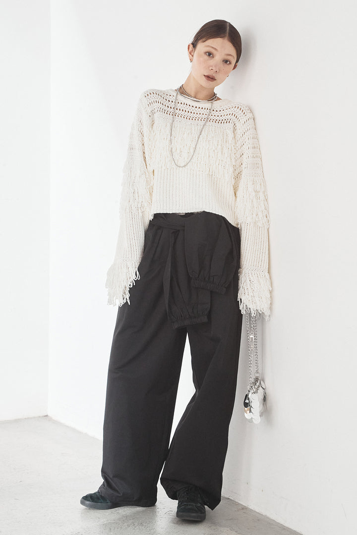 [SET]メッシュフリンジ切り替えプルオーバー+合繊ツイルスタンドウエスト巻きジョガーパンツ(2set)