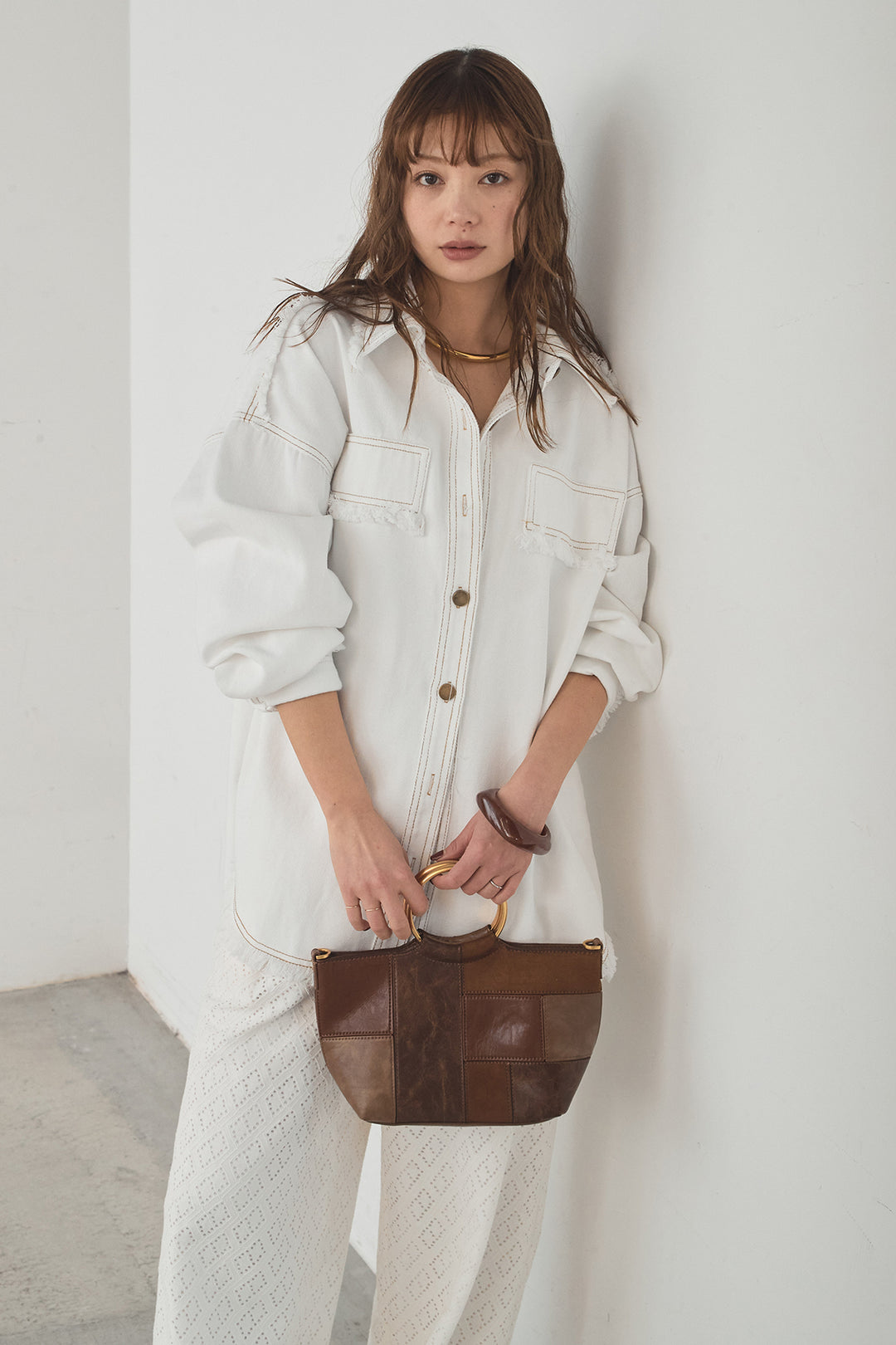 [SET]フリンジデニムジャケット+ダイヤ柄レースロングイージーパンツ(2set)