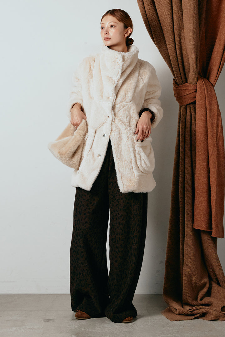 [SET]スタンドネックファーコート+レオパードジャガードニットパンツ(2set)